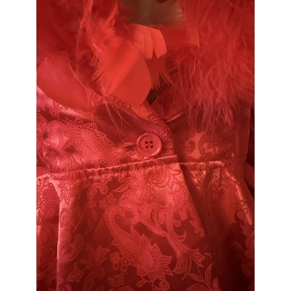 New Dolls Kill Sugar Thrillz Spicy Crushes Brocade Coat Red Feather Trim‎ Dancer - Picture 7 of 16